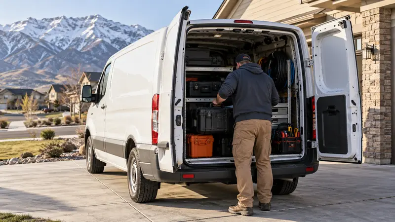 Technician loading leak detection equipment into an unbranded service van