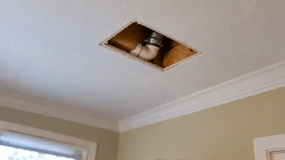 Small planned drywall opening directly at leaking tub drain fitting