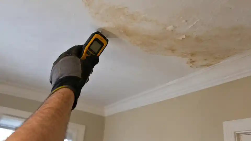 Moisture meter mapping damp ceiling stain below upstairs bathroom in Spanish Fork