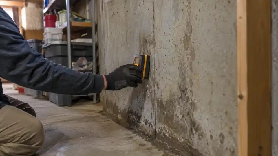 Moisture meter on a basement wall during leak detection Payson UT visit