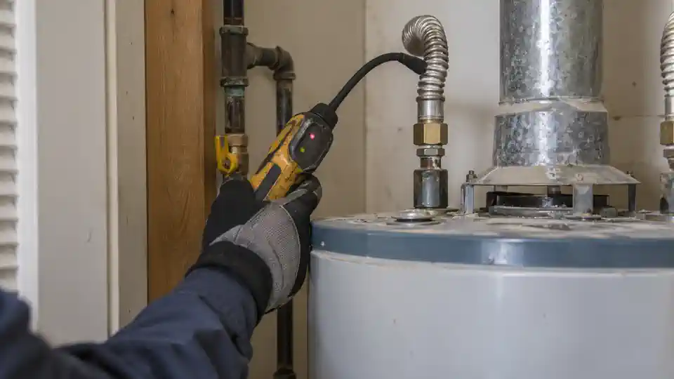 Electronic gas sniffer at a water heater connector during gas leak detection Spanish Fork UT visit