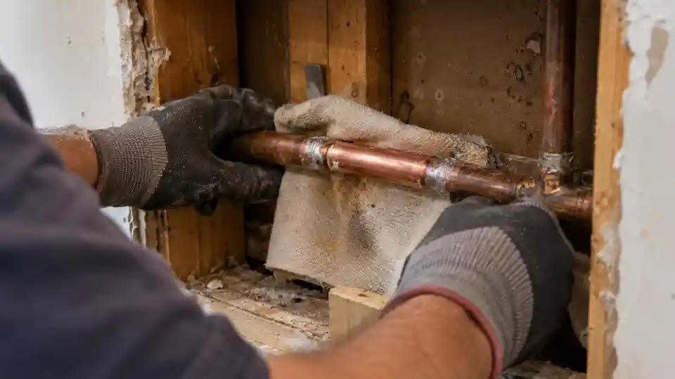 New copper section soldered in place after leak repair Spanish Fork UT job